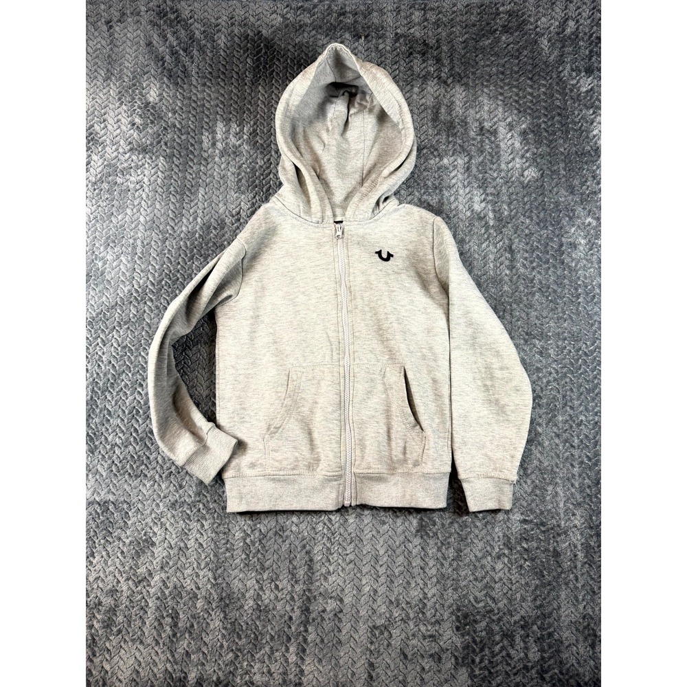 True Religion Hoodie Boys Small Gray Graphic Logo Cotton Fleece Lined Full Zip‎